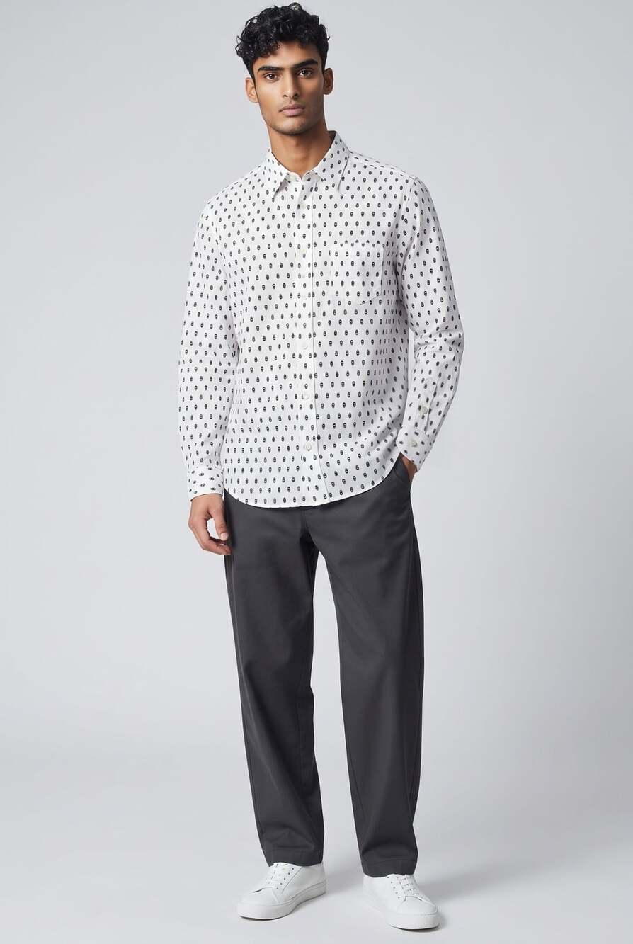 Diesel Long Sleeve Button Up Shirt White Skull Print Large